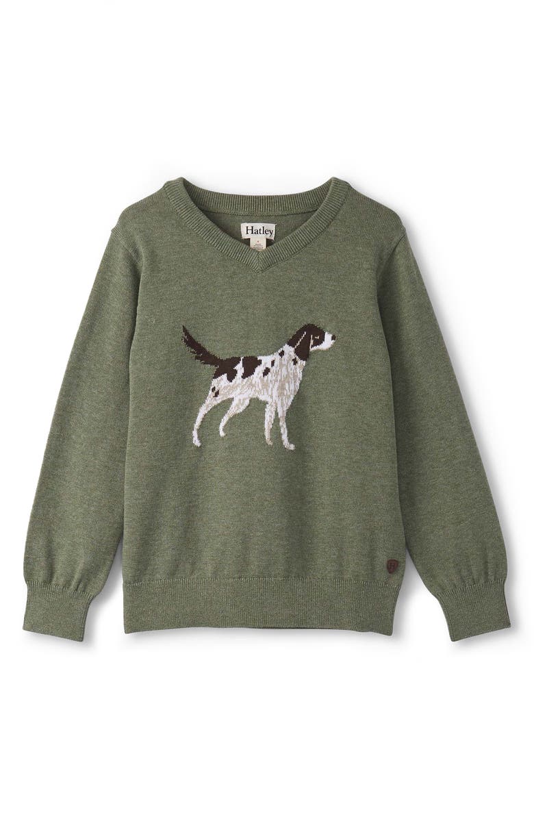 Hatley Kids' Intarsia Hunting Dog Cotton Crewneck Sweater, Main, color, Green
