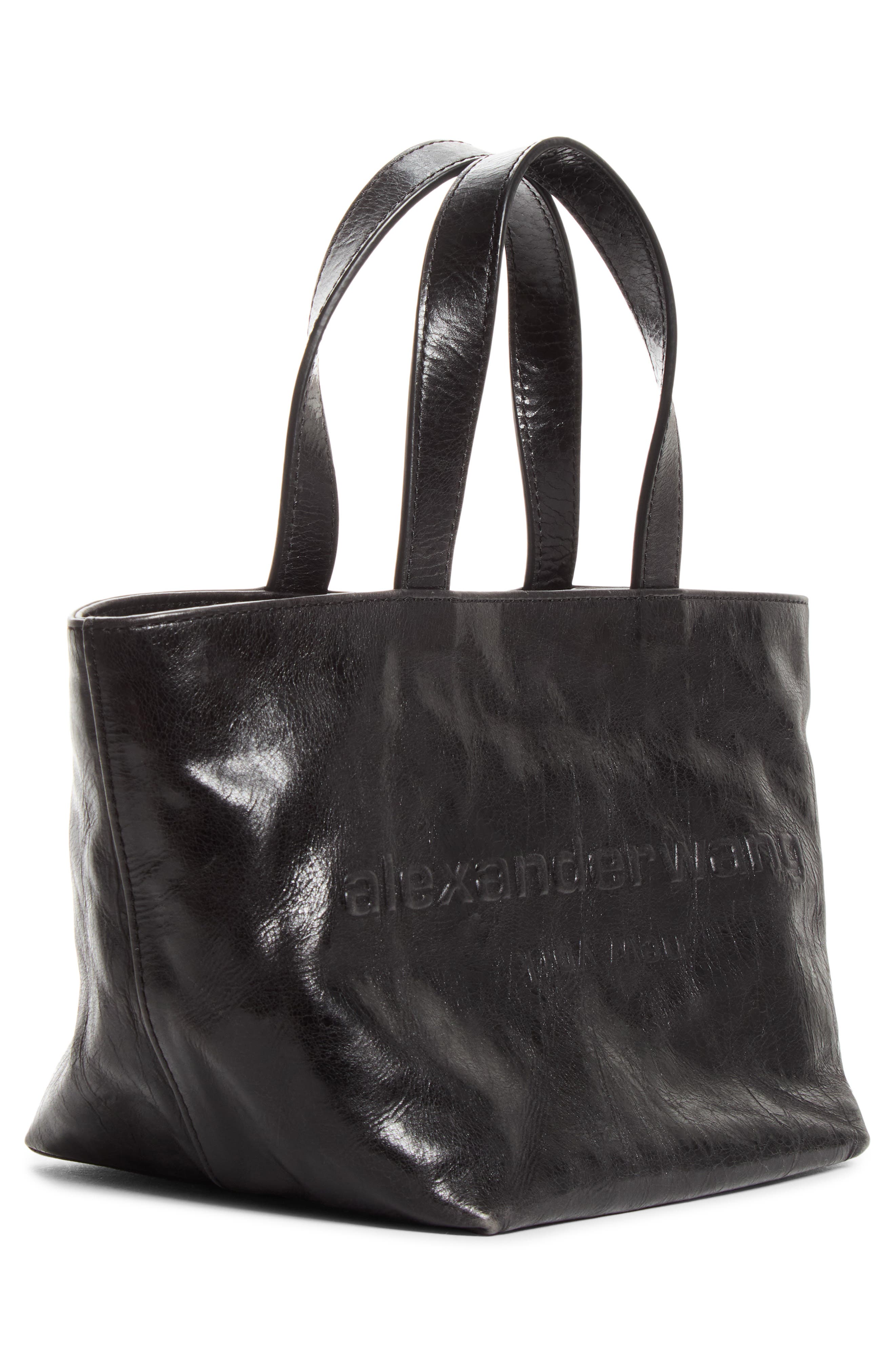 Small Punch Logo Crinkled Leather Tote, Alternate, color, BLACK