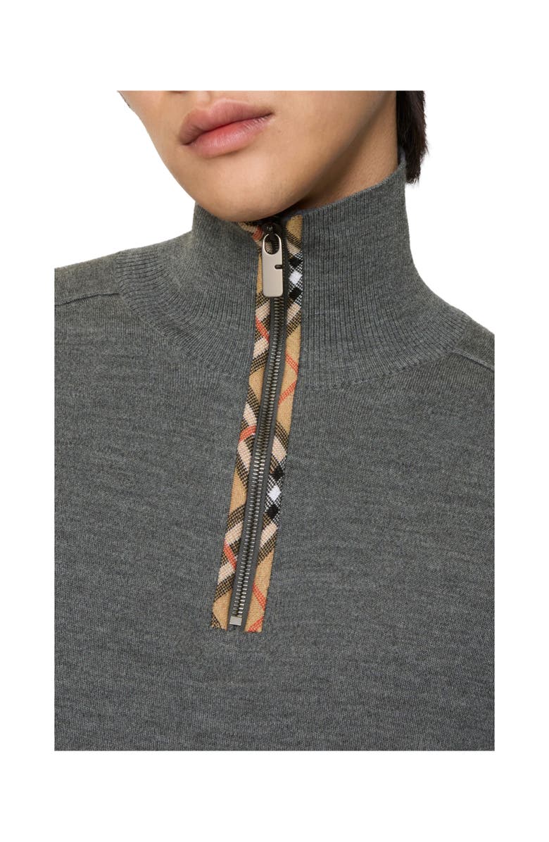 Burberry Check Trim Wool Half-zip Sweater, Alternate, color, Grey