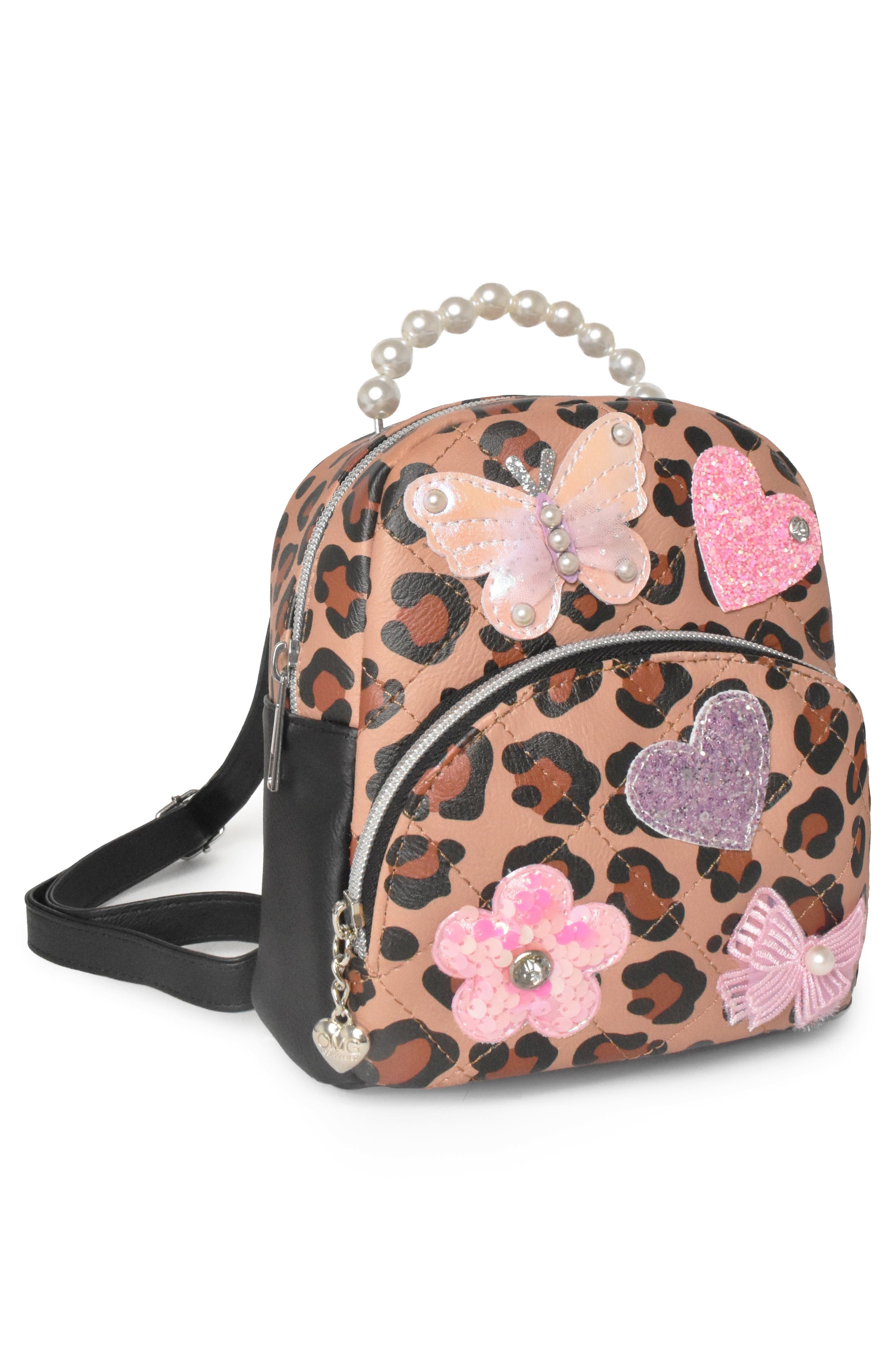 Kids' Leopard Pearl Top Handle Micro Backpack, Alternate, color, BROWN