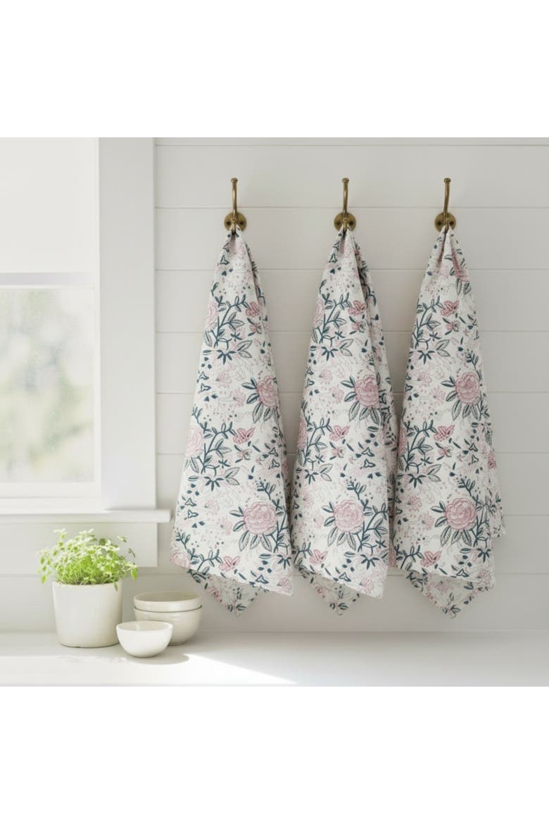 Hand Block Print Kitchen Towel with Hanging Loop, Alternate, color, Blush