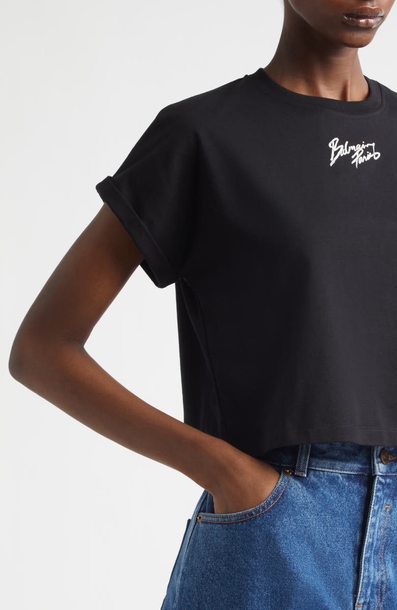 Balmain Paris Logo Graphic Crop T-Shirt, Alternate, color, Eab Blk/ White