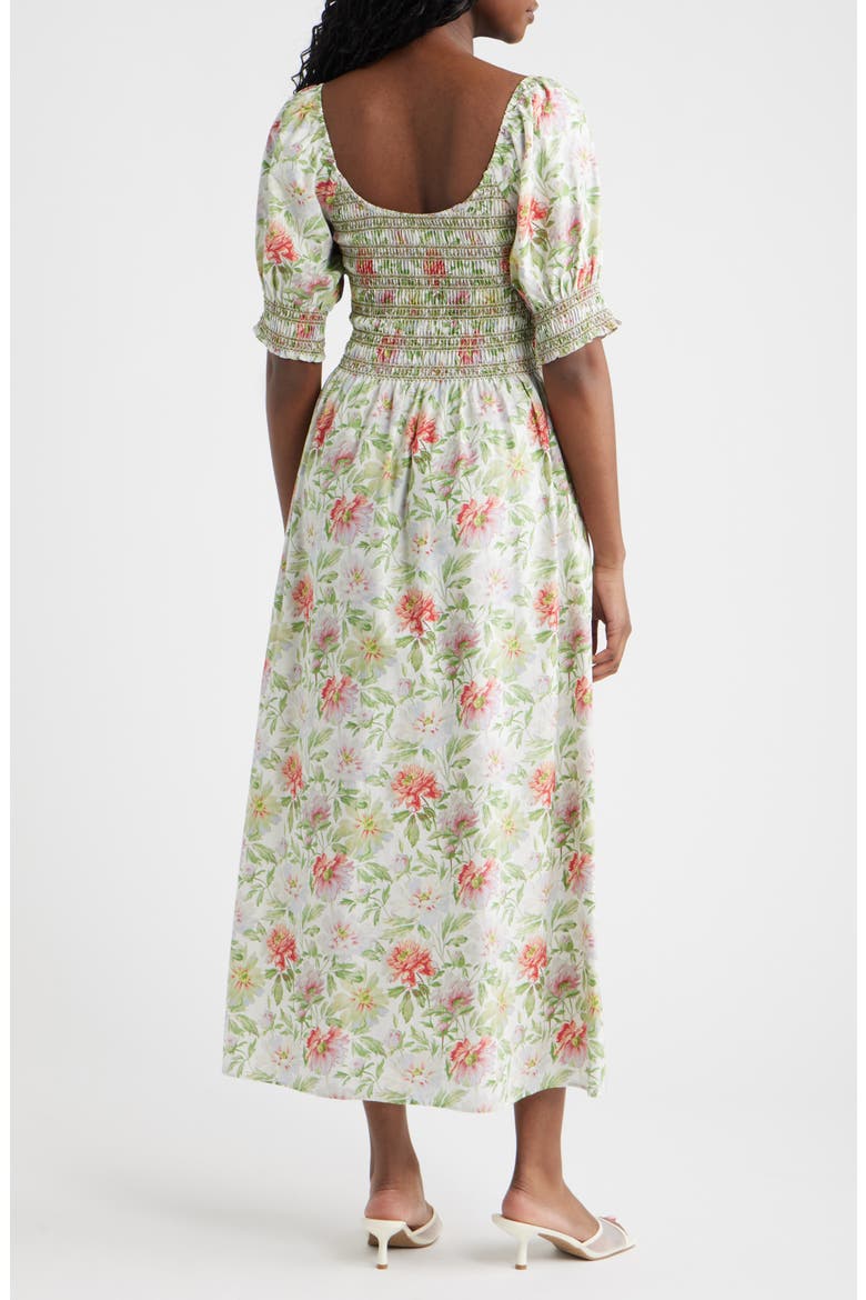 The Madeline Floral Smocked Puff Sleeve Cotton Maxi Dress, Alternate, color, PEONY CHINTZ