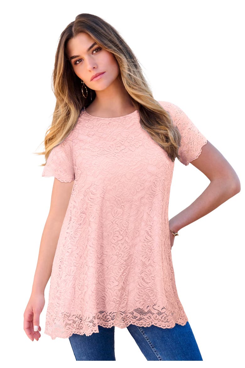 Allover Lace Swing Tee, Main, color, SOFT BLUSH