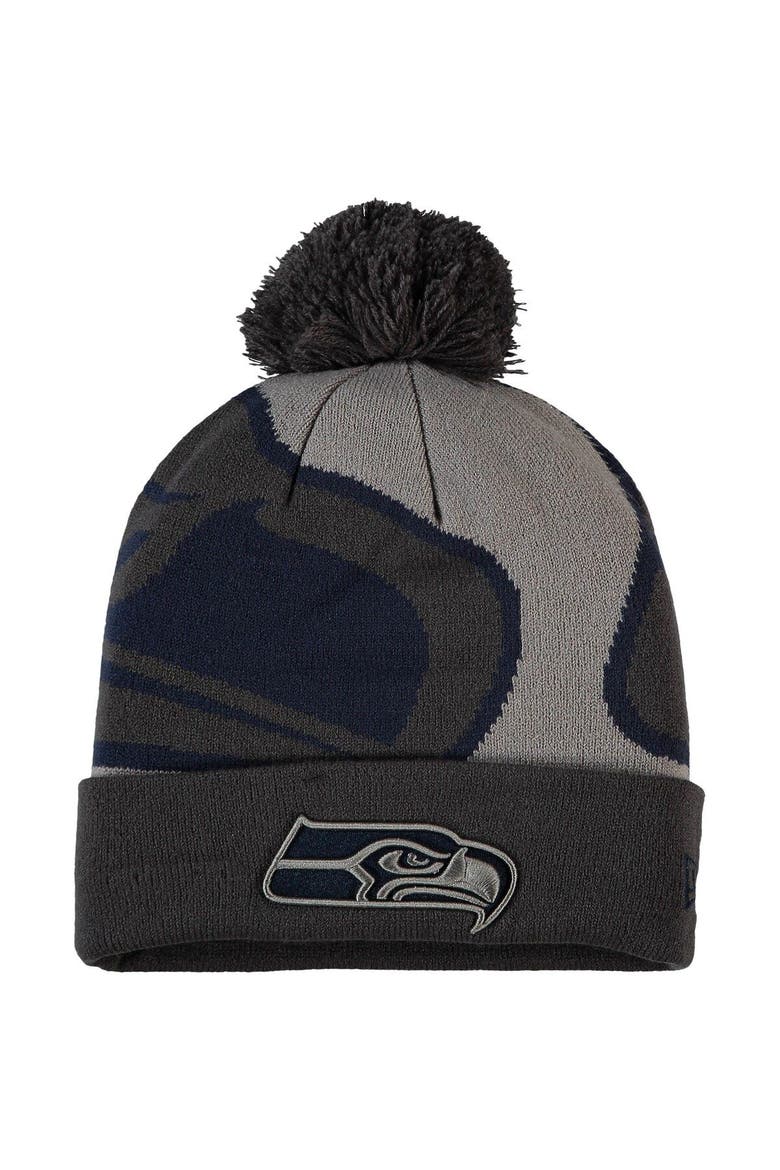 Men's New Era Graphite Seattle Seahawks Logo Whiz Redux Cuffed Knit Hat, Main, color, Graphite