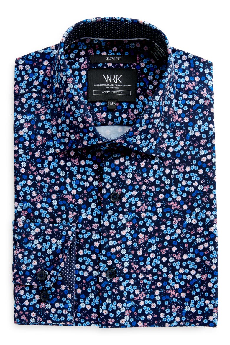 Liberty Floral Print Stretch Performance Dress Shirt, Alternate, color, NAVY