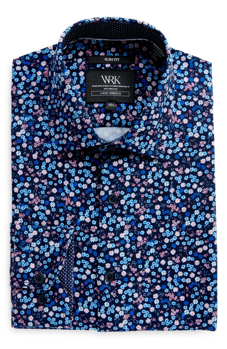 W.R.K Liberty Floral Print Stretch Performance Dress Shirt, Alternate, color, Navy