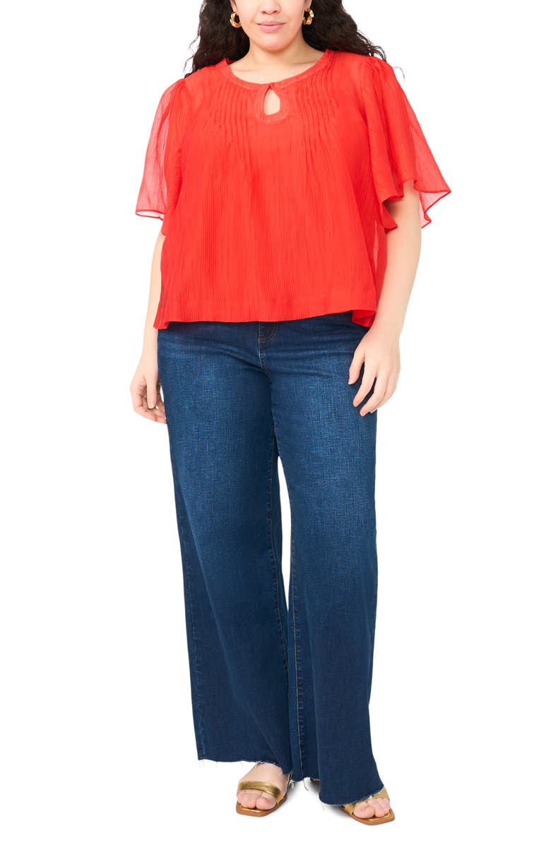 Vince Camuto Keyhole Cutout Flutter Sleeve Crinkle Top, Alternate, color, Lobster Red