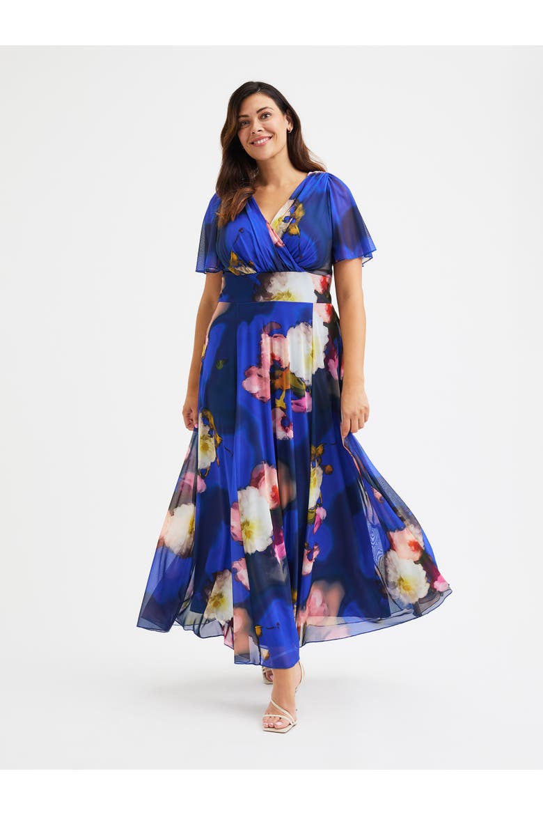 Isabelle Printed Angel Sleeve Maxi Dress, Main, color, Royal Abstract Floral