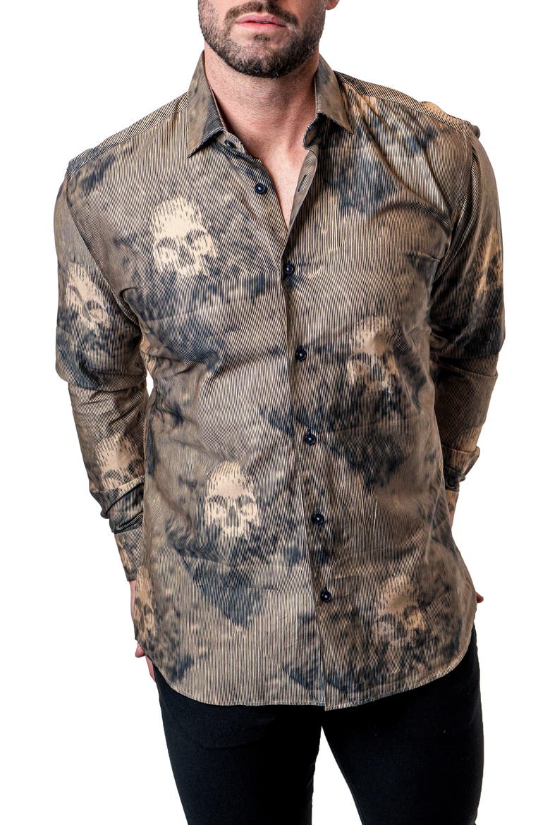 Einstein Skull Sand Brown Contemporary Fit Button-Up Shirt, Alternate, color, BROWN