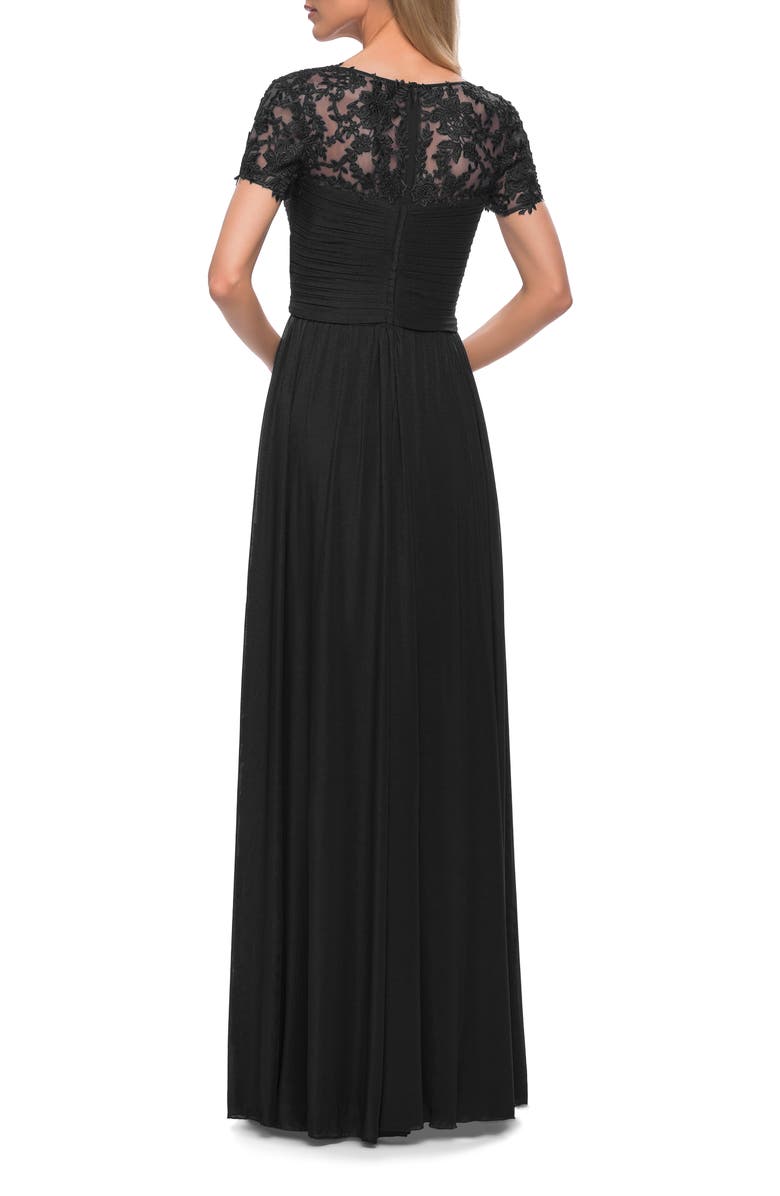 La Femme Jersey Long Evening Dress with Short Lace Sleeves, Alternate, color, Black