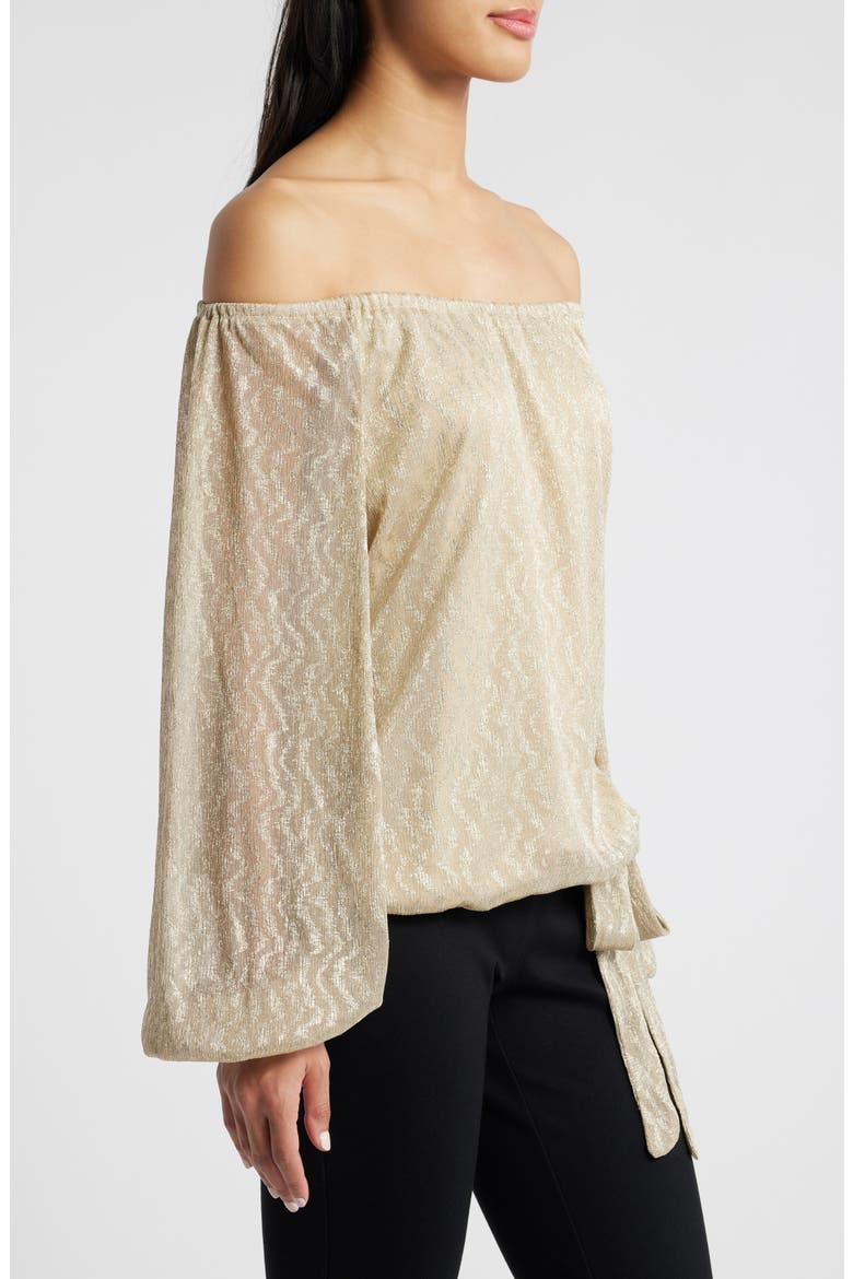 Metallic Tie Hem Off the Shoulder Top, Alternate, color, GOLD