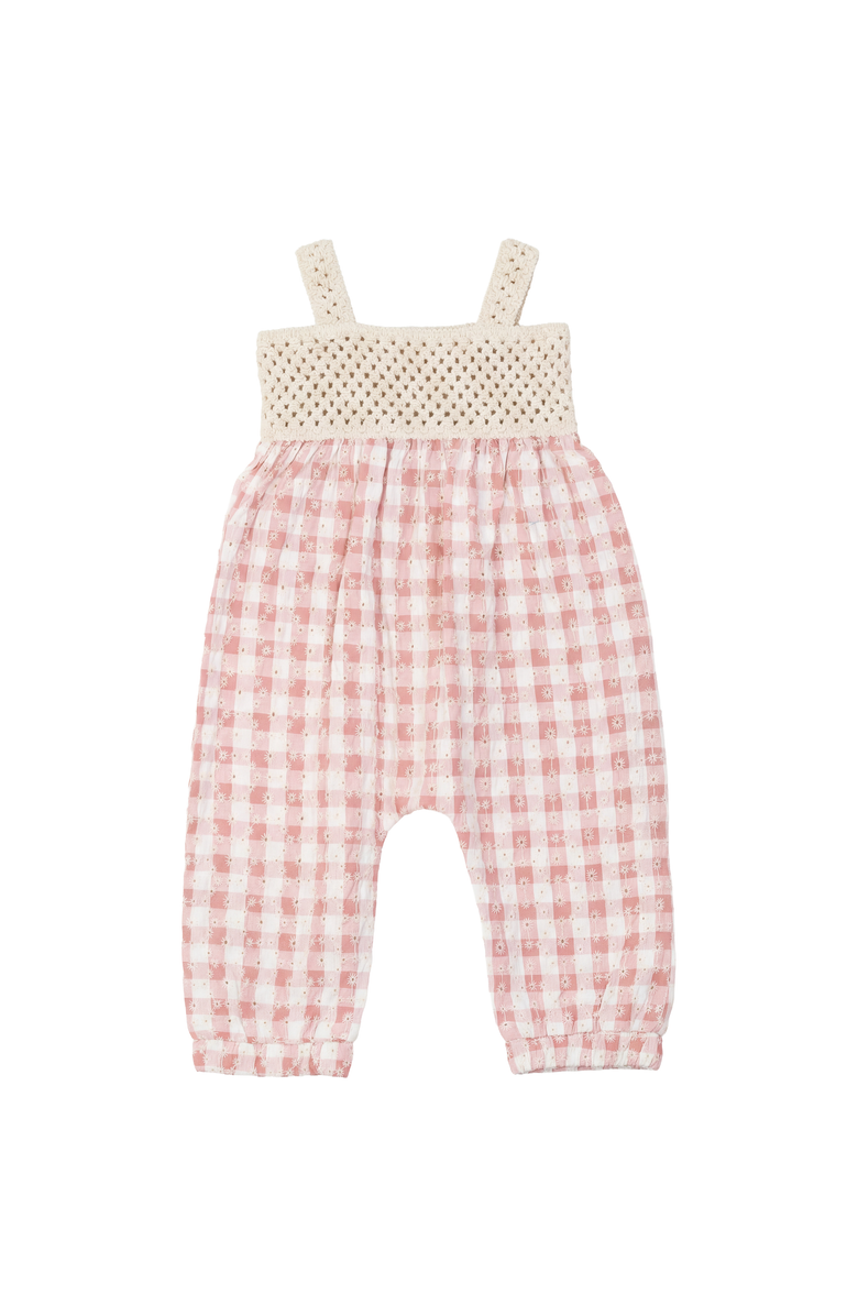 LOLA Girl Checkered Flower Embroidery Adjustable Strap Overall, Main, color, Pink