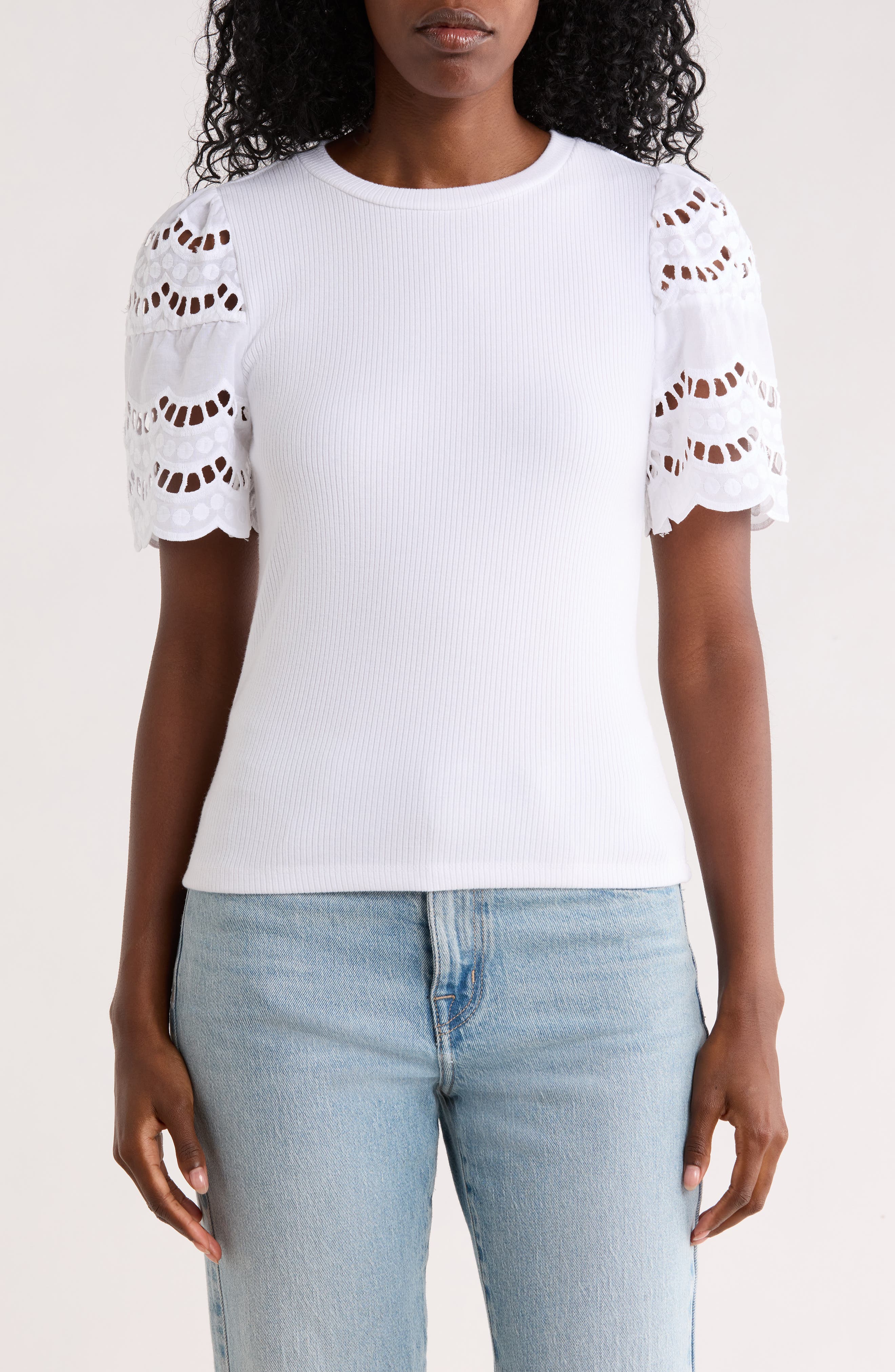 T Tahari Embroidered Eyelet Sleeve Ribbed Top