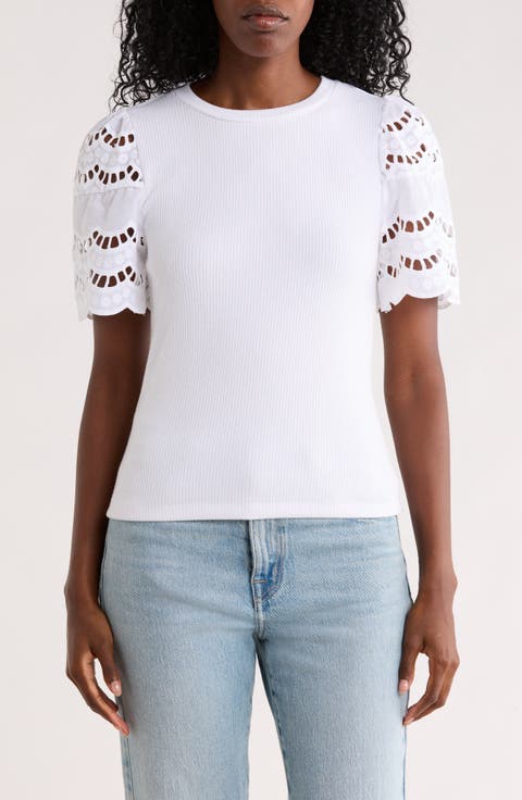 Embroidered Eyelet Sleeve Ribbed Top