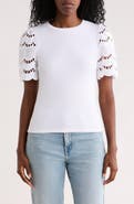 T Tahari Embroidered Eyelet Sleeve Ribbed Top