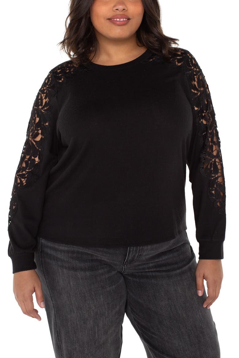 Lace Inset Crewneck Knit Top, Alternate, color, BLACK