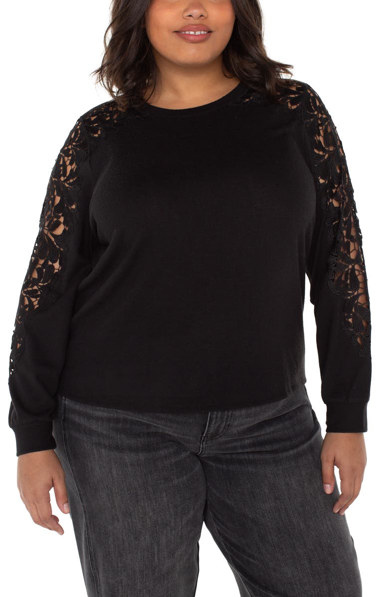 Liverpool Los Angeles Lace Inset Crewneck Knit Top, Alternate, color, Black