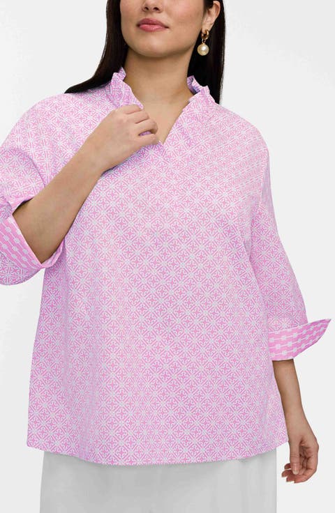 Tammy Geo Lattice Print Ruffle Collar Cotton Top (Plus)
