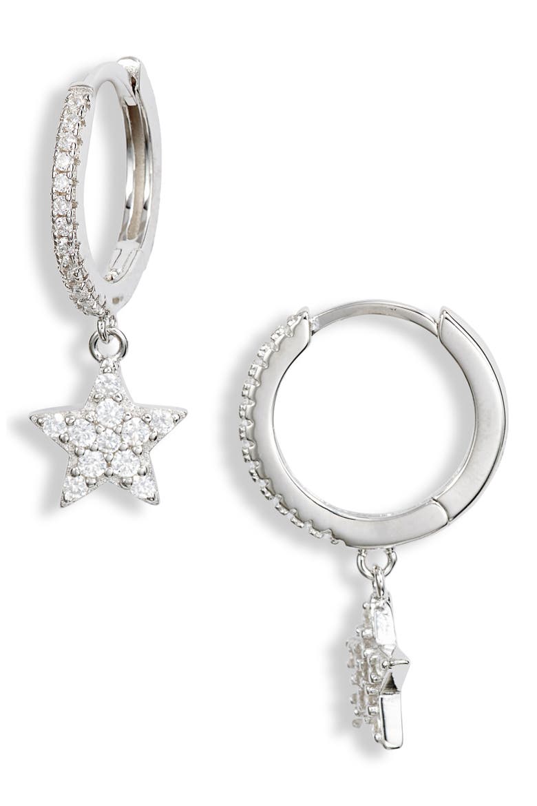 Pavé Star Huggie Hoop Earrings, Main, color, RHODIUM