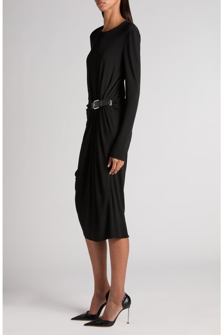 Gathered Waist Long Sleeve Jersey Dress, Alternate, color, BLACK