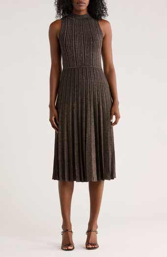 T Tahari Metallic Pleated Mock Neck Sleeveless Midi Dress