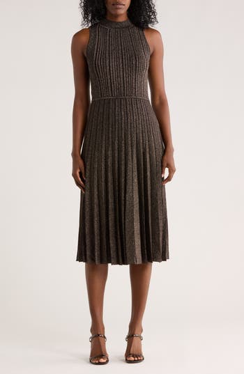 T Tahari Metallic Pleated Mock Neck Sleeveless Midi Dress In Brown