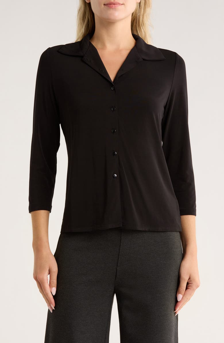 JASON WU Three-Quarter Sleeve Knit Button-Up Shirt, Main, color, Black