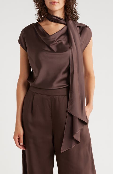 Cap Sleeve Satin Top with Scarf