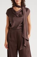 Renee C Cap Sleeve Satin Top with Scarf