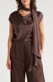 Renee C Cap Sleeve Satin Top with Scarf