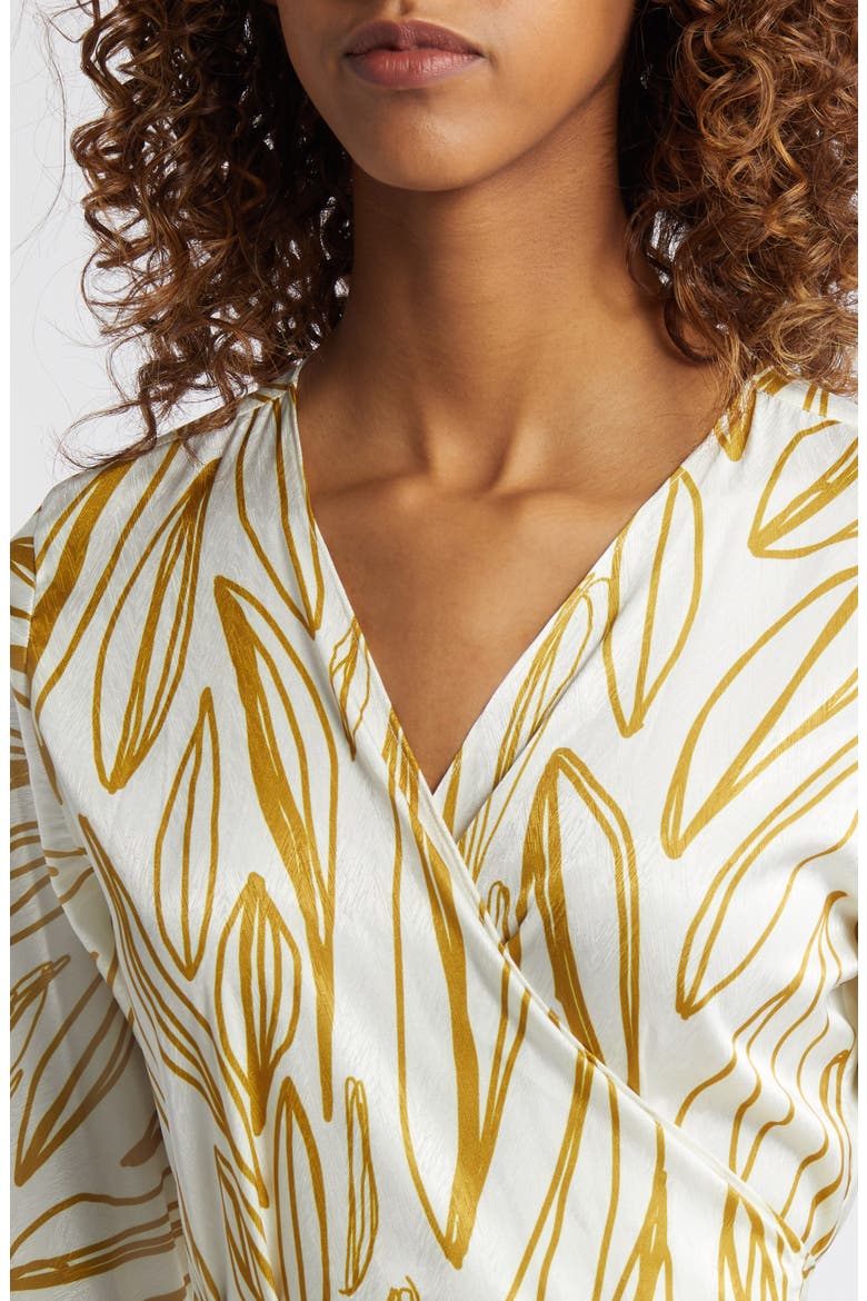 Maya Exaggerated Long Sleeve Fiore Print Jacquard Wrap Dress, Alternate, color, GOLD