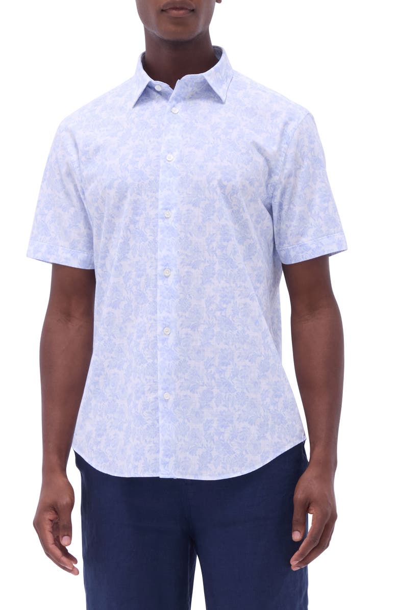 Bugatchi Orson Floral Print Short Sleeve Cotton Seersucker Button-Up Shirt, Main, color, Sky