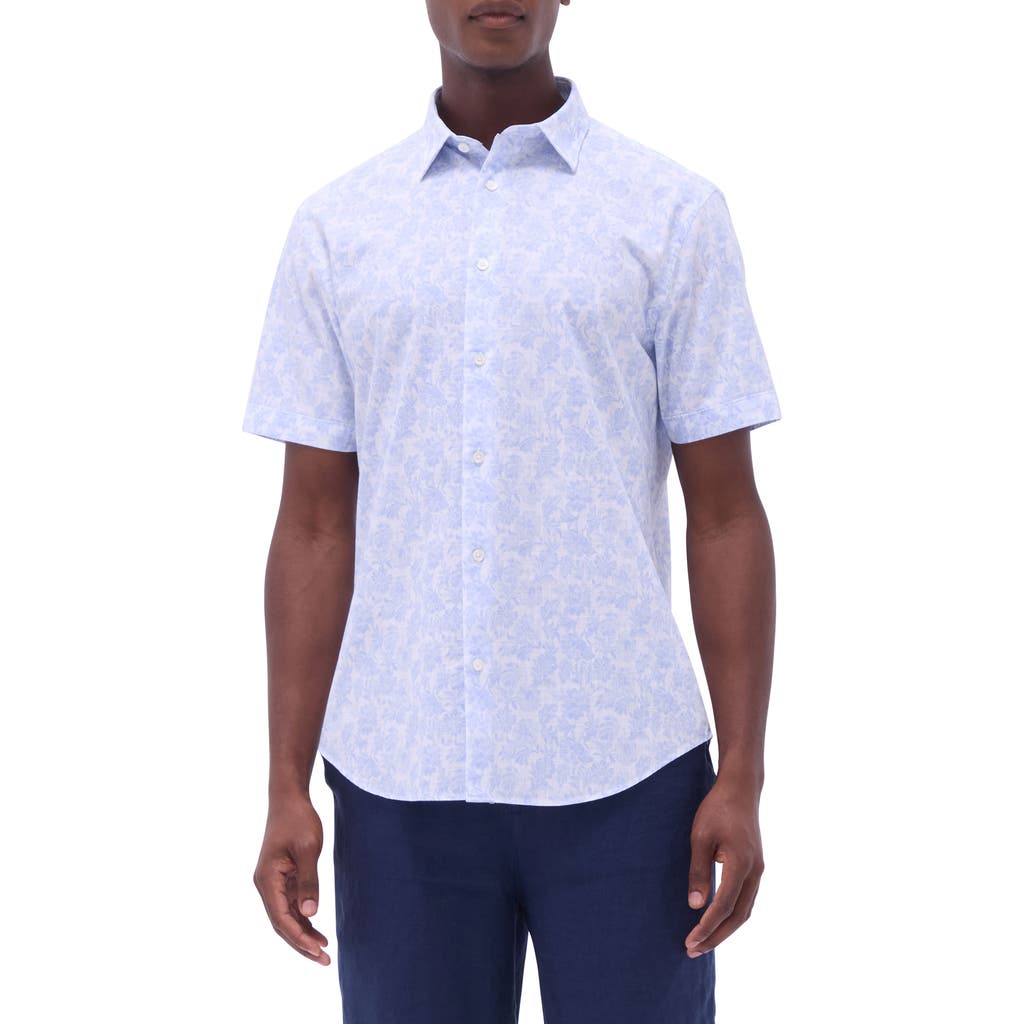 Bugatchi Orson Floral Print Short Sleeve Cotton Seersucker Button-up Shirt In Sky