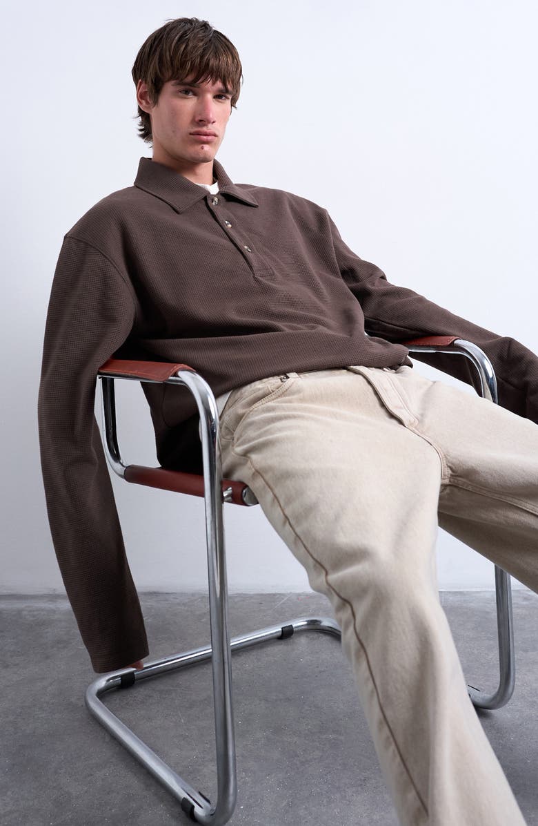 Topman Waffle Knit Boxy Polo Sweatshirt, Alternate, color, Brown