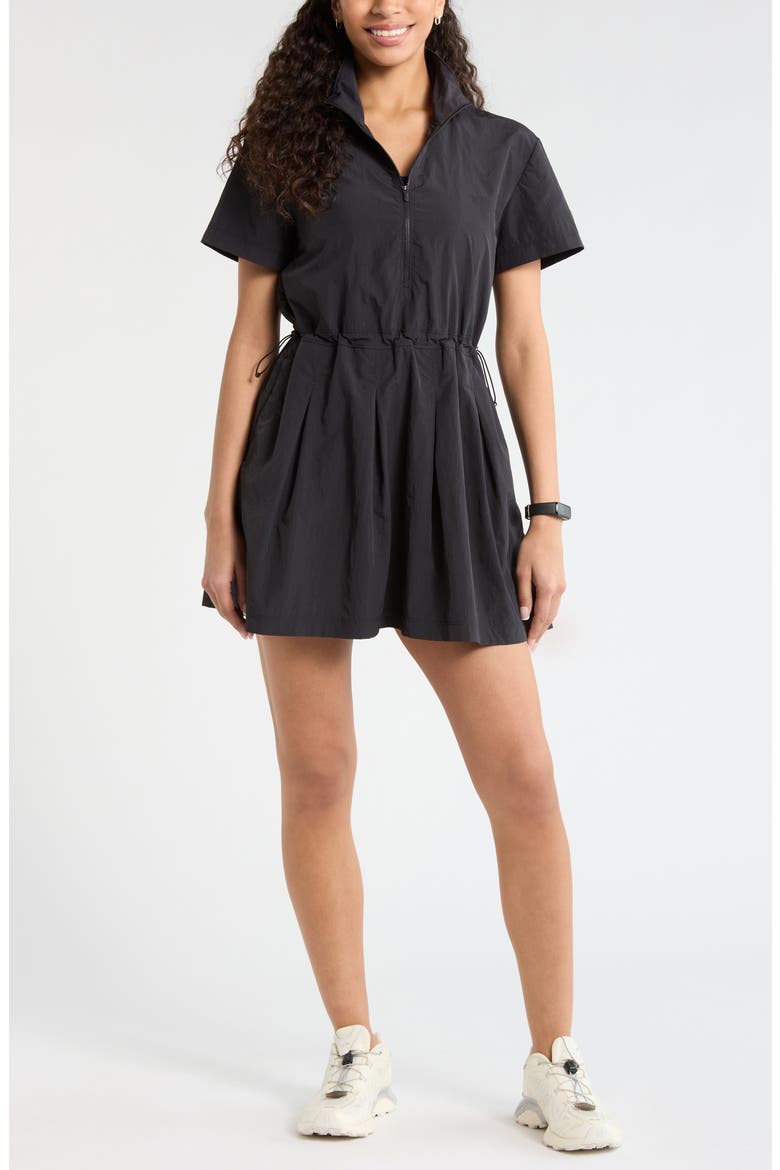 Nylon Pleated Fit & Flare Dress, Main, color, BLACK