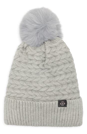 Nanette Lepore Braided Knit Beanie With Faux Fur Pompom In Gray