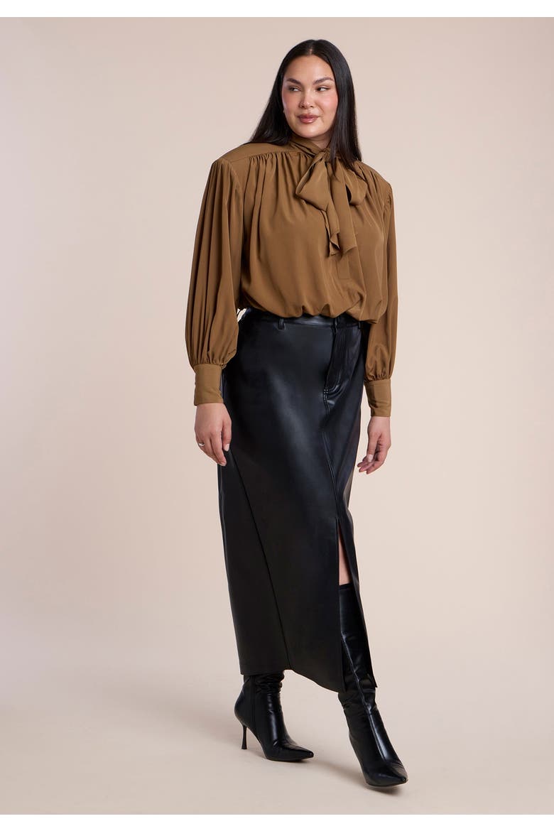 Power Shoulder Cropped Blouse With Neck Tie, Alternate, color, COCO MOCHA