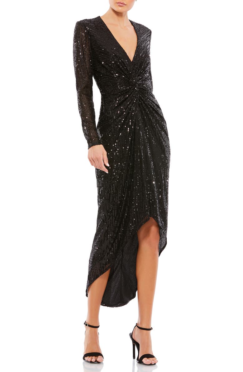 Mac Duggal Sequin Knotted Long Sleeve Midi Dress, Main, color, 