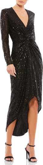 Mac Duggal Sequin Knotted Long Sleeve High Low Dress | Nordstrom