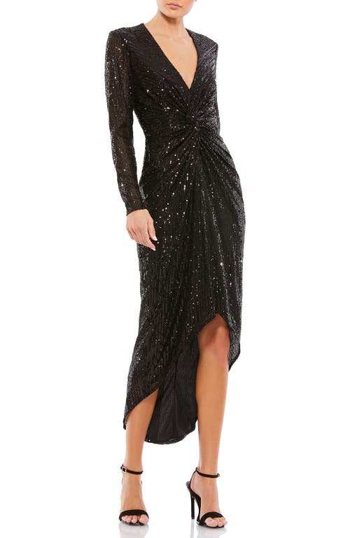 Mac Duggal Metallic Sequin Long Sleeve Faux Wrap Dress In Black