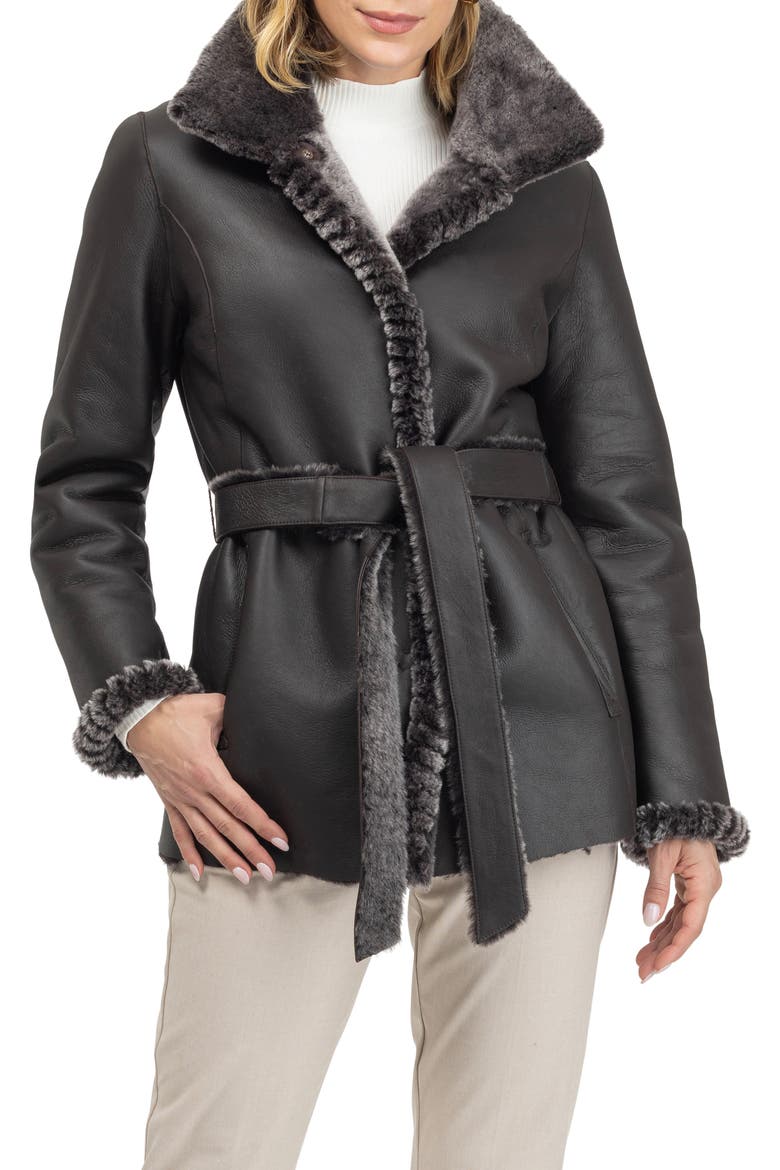 Merino Genuine Shearling Jacket With Whipstitch Trim, Main, color, BROWN BRISA