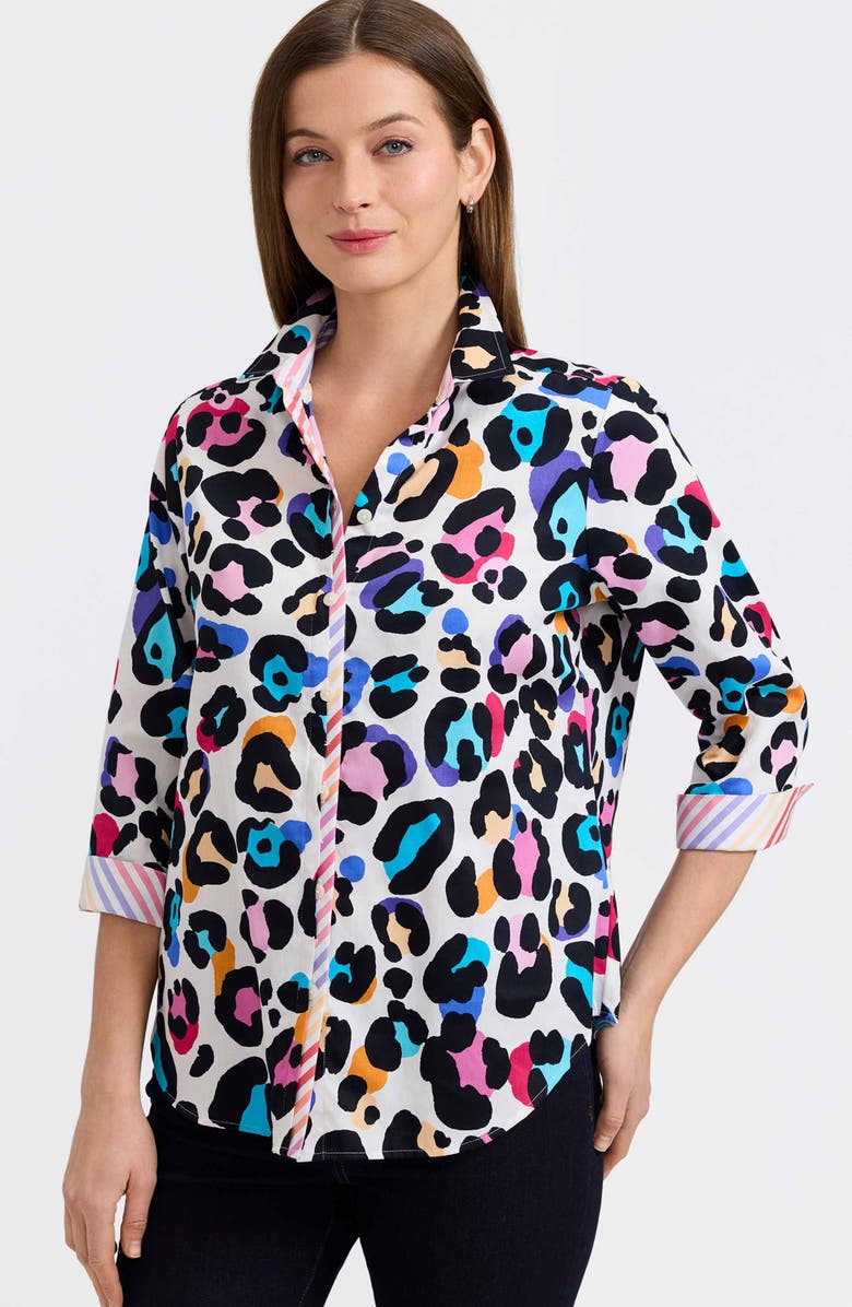 Foxcroft Charlie Colorful Leopard Print Cotton Button-Up Shirt, Alternate, color, Multi