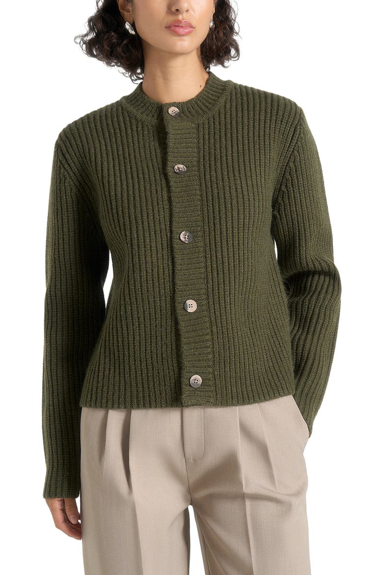Alix Unisex Crewneck Ribbed Knit Cardigan, Main, color, Deep Olive