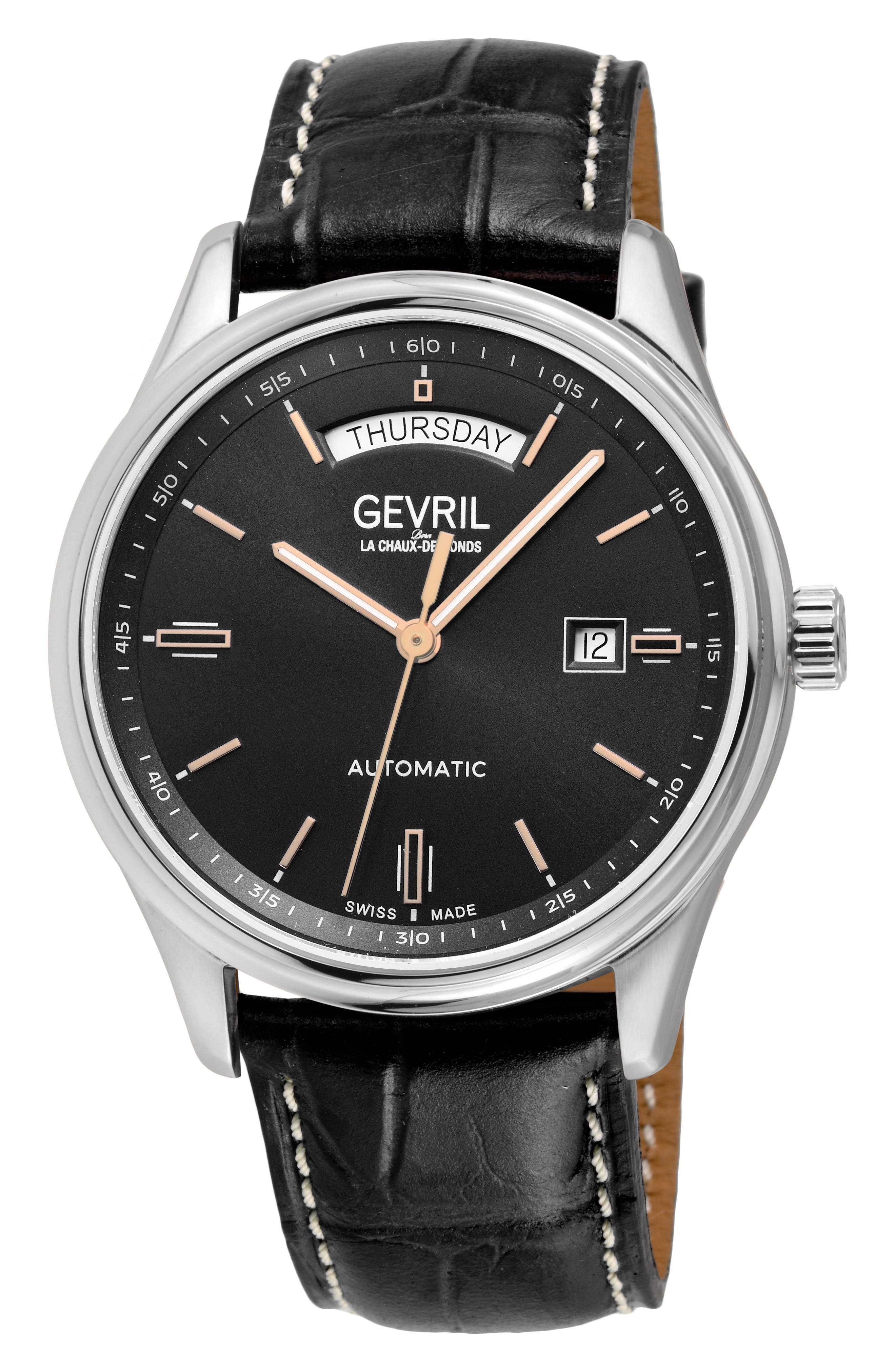 GEVRIL Excelsior Croc Embossed Leather Strap Watch, 42mm