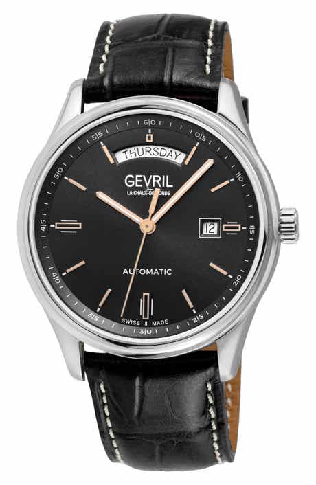GEVRIL Excelsior Croc Embossed Leather Strap Watch, 42mm
