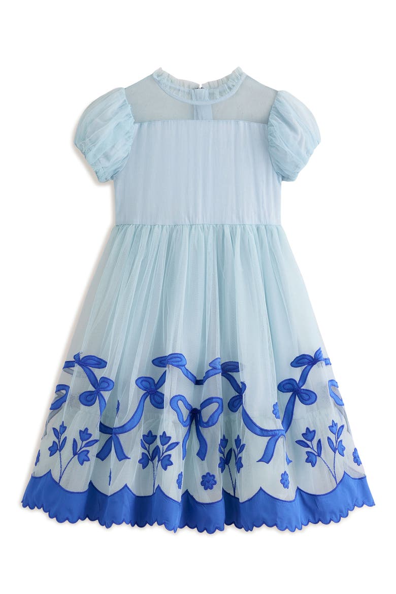 Kids' Puff Sleeve Appliqué Hem Tulle Party Dress, Main, color, VINTAGE BLUE BOWS