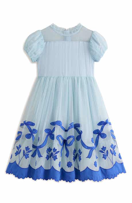 Kids' Puff Sleeve Appliqué Hem Tulle Party Dress