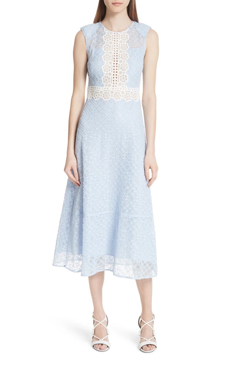 SANDRO Bleu Ciel Lace Midi Dress, Main, color, 
