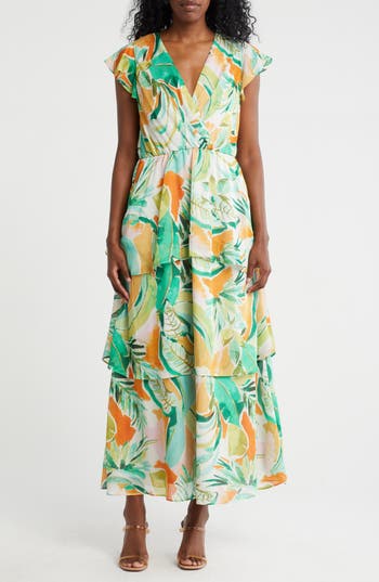 Julia Jordan Tiered Flutter Sleeve Dress In Green Multi